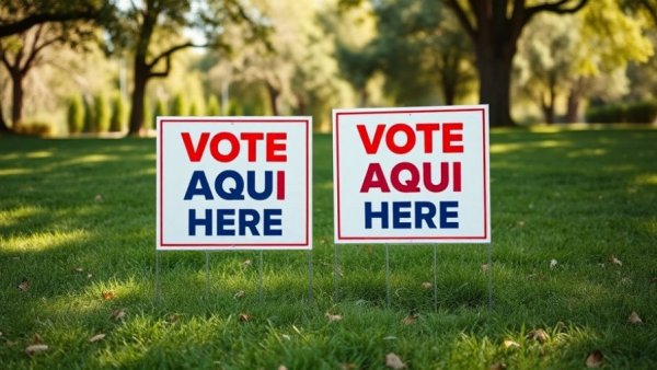 Bilingual voting signs during Texas elections 2025 in grassy area.