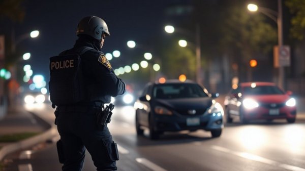 Night scene of Texas immigration officer confronting a car, city lights.