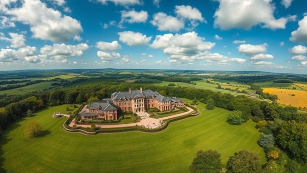 Luxury mansion with landscape and architectural elegance.