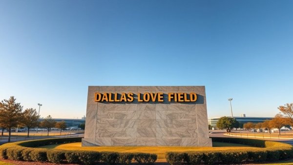Stone monument with 'DALLAS LOVE FIELD'; clear sky and foliage nearby.