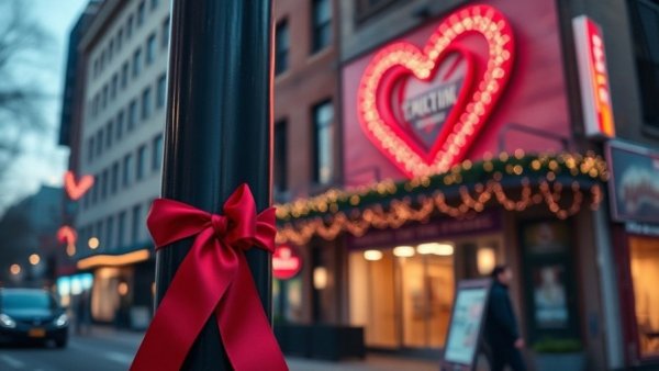 Austin scene with heart-shaped sign and red ribbon for mass shooting support.