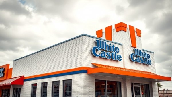 White Castle Texas location with brick exterior and signage under cloudy sky.