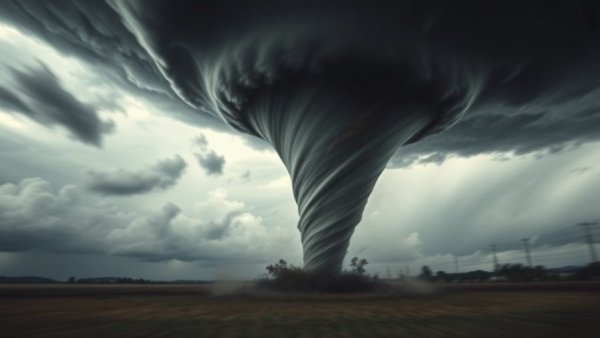 Intense Midwest tornado impact with dramatic sky and swirling funnel.