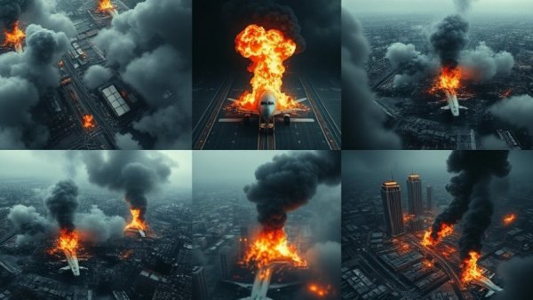 Aerial view collage of explosions in an airport and city.