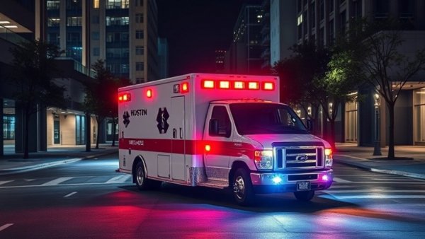 Houston ambulance at night with flashing lights, related to Houston news shooting.