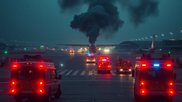 Houston plane crash report scene with emergency vehicles at night.
