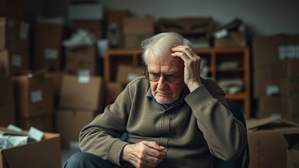 Elderly person stressed in cluttered room, hinting decluttering tricks for healthy aging.
