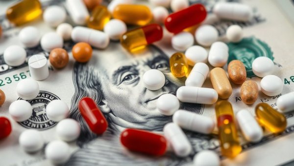 Pills on dollar bill illustrating 340B drug pricing program.