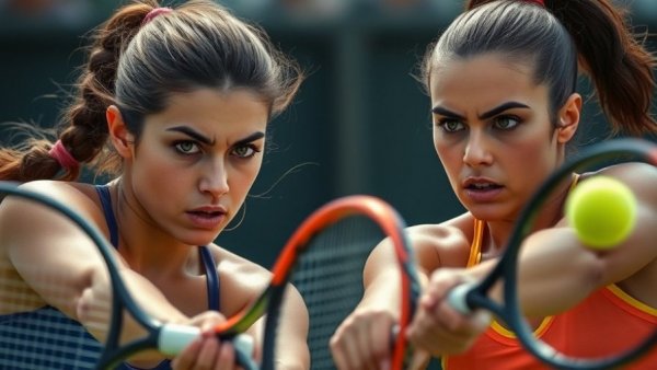 Tennis players focused on the court in contrasting settings.