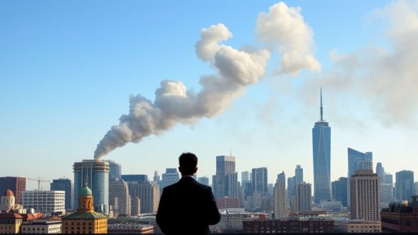 Smoke rises over cityscape amid Iran conflict, breaking news.