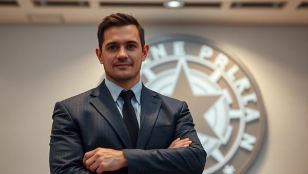 Confident man in suit at indoor event, logo background.