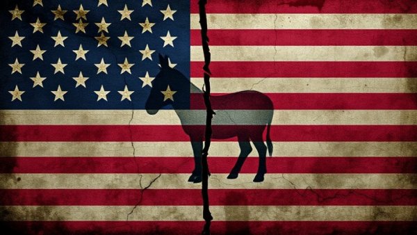 Cracked flag with donkey, symbolizing politics ahead of national security.