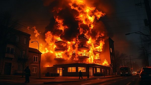 San Antonio apartment fire at night with firefighters
