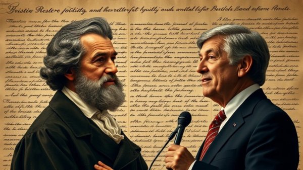 Historic political figures and document symbolize Congress declares war.