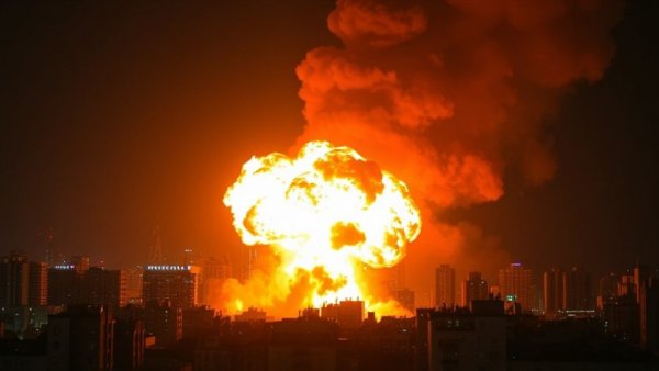 Intense explosion at night over city, representing Israel attacks on Iranian oil facilities.