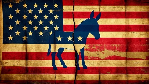 Politics ahead of national security theme with weathered flag and donkey.