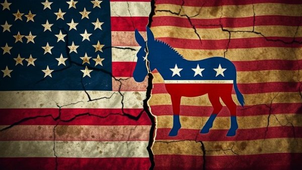 Cracked American flag with Democrat symbol, politics ahead of national security.
