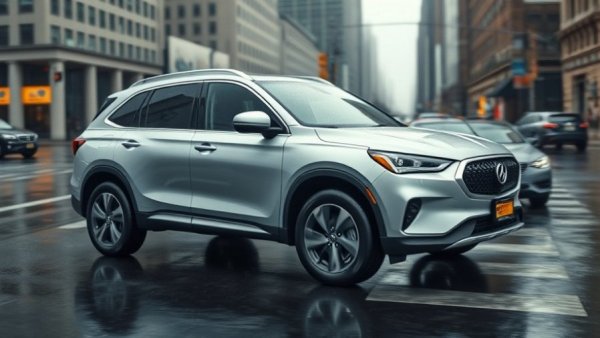 Ford SUV navigating rainy city intersection, showcasing urban environment.