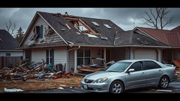 Marion County tornado damage to house and car.