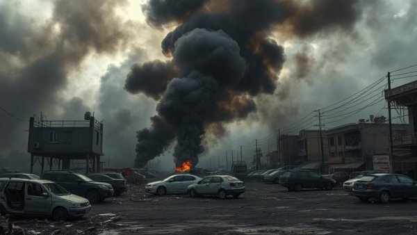 Impact of strikes on Iran showing smoke and devastation in urban landscape.