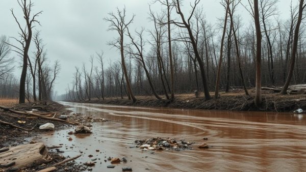 Michigan tornado aftermath with debris and barren trees, fundraising