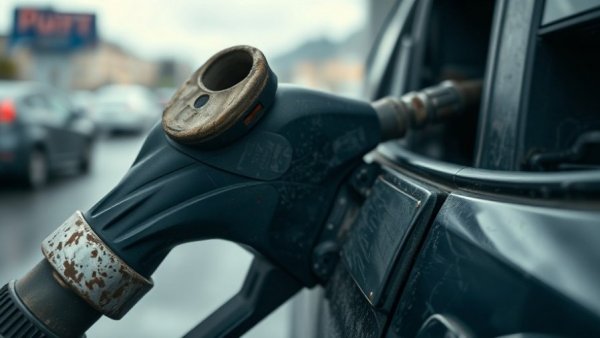 Fuel nozzle in car tank, symbolizing rising crude oil prices over $100.