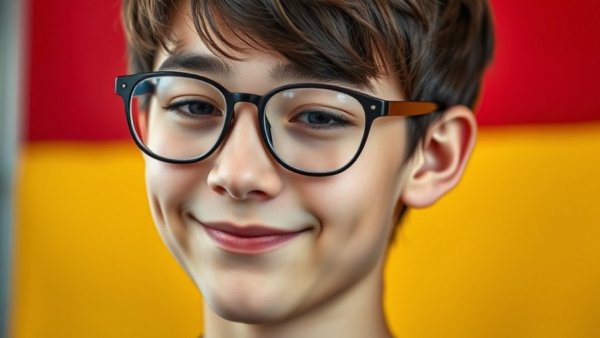 Portrait of a 17-year-old with glasses smiling softly, missing in Bexar County, detailed.