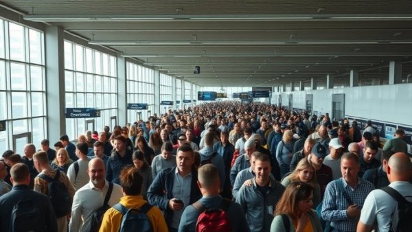 Busy airport with long lines during spring break.