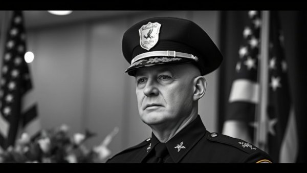 Houston news tribute to police chief with flag background.