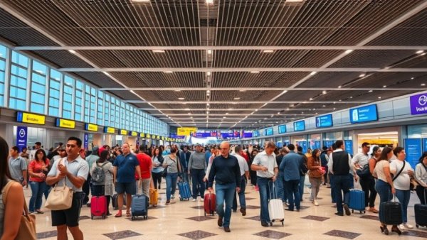Passengers in long TSA line at Hobby Airport, clear wait times.