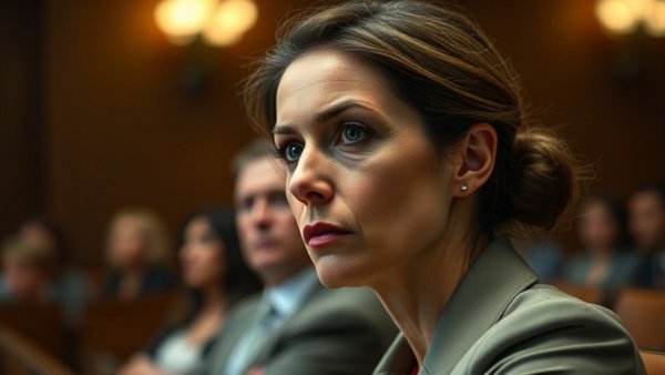 Serious courtroom scene amid Kouri Richins Trial, attentive expressions.