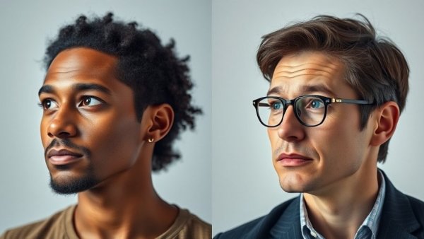 Contrasting expressions in juxtaposed portraits, illustrating voter intimidation tactics.