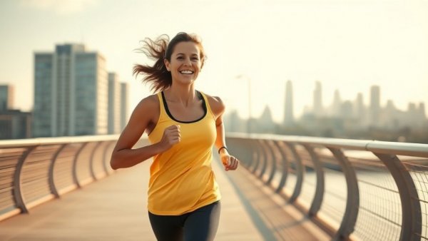Energetic woman jogging on a bridge, embracing health and wellness.