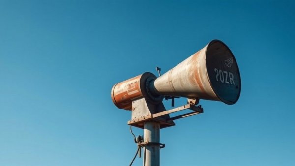 Indiana tornado siren against a clear blue sky, telephoto shot.