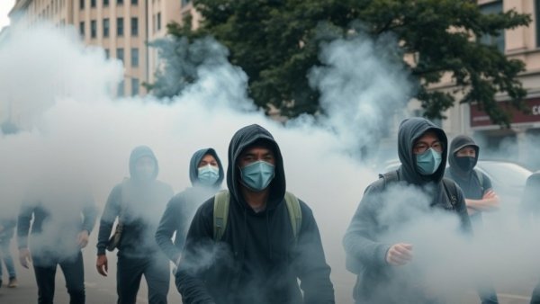 Protesters amid tear gas clouds during urban demonstration.