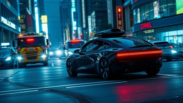 Self-driving car in urban night setting with emergency vehicles nearby.