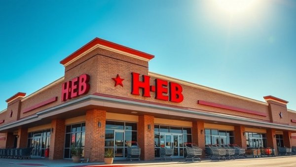 H-E-B supermarket entrance with bold signage, clear day.
