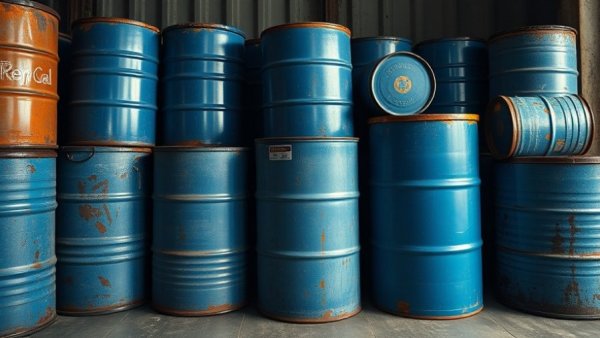 Oil prices drop visualized with rows of blue rusted barrels.