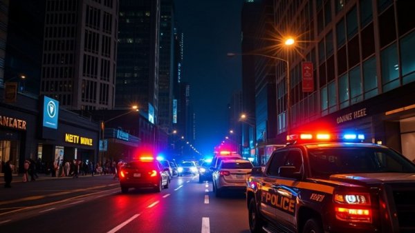 Emergency vehicles with flashing lights on Austin street at night for Austin news.