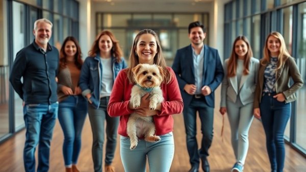 Group celebrating Texas dog found in New Jersey in a lobby.