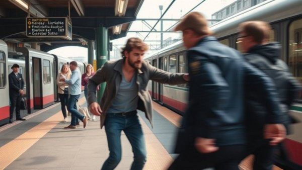 Self-defense scene at Dallas train station with motion and urgency.