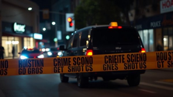 Night crime scene with car and police tape from Houston news shooting.