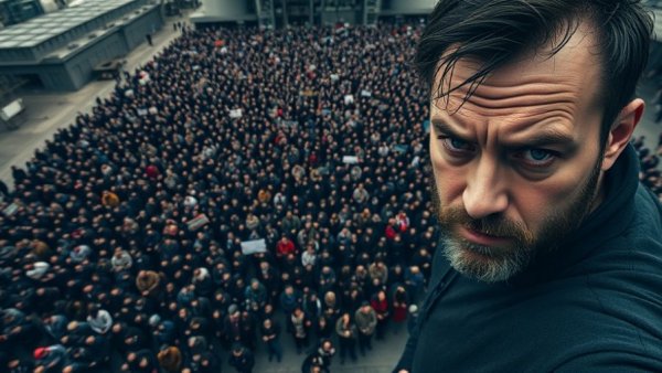 Iran School Strike Investigation: Aerial protest view with serious expression portrait.