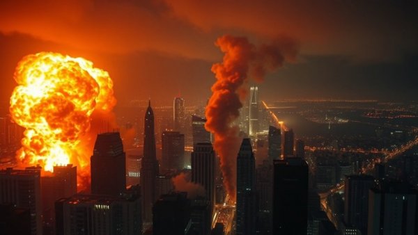 Explosion at night captured in dramatic cityscape with news logo.
