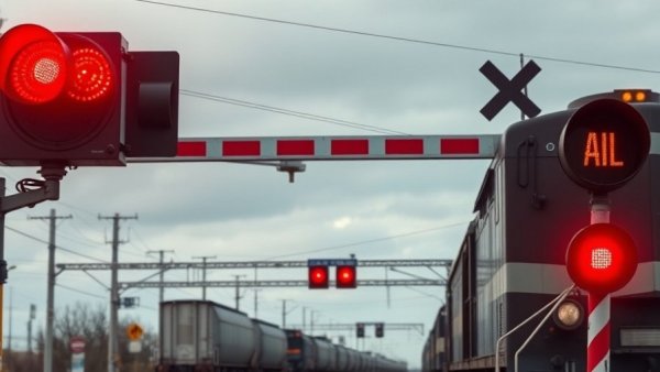 Freight train at crossing with red lights, cloudy sky, Schertz.