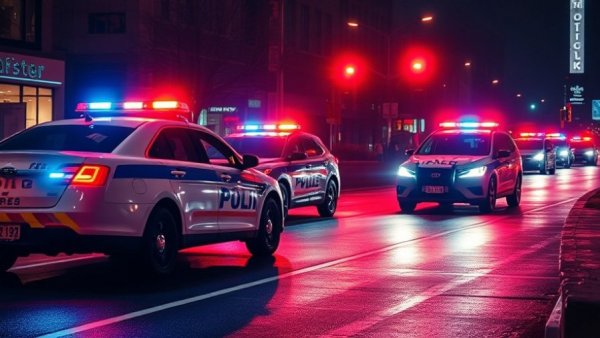 San Antonio police vehicles ensure pedestrian safety at night.