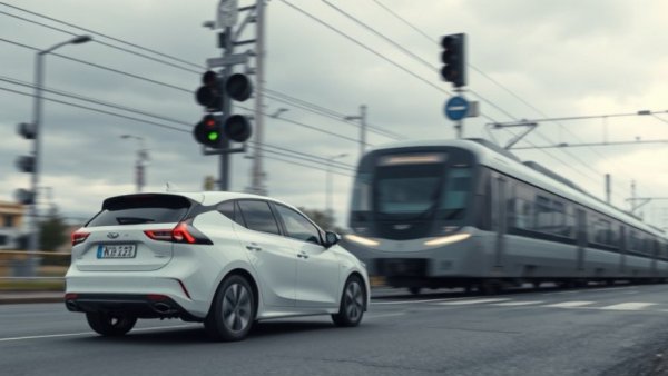 Waymo car at railroad crossing, ensuring route safety as train passes.