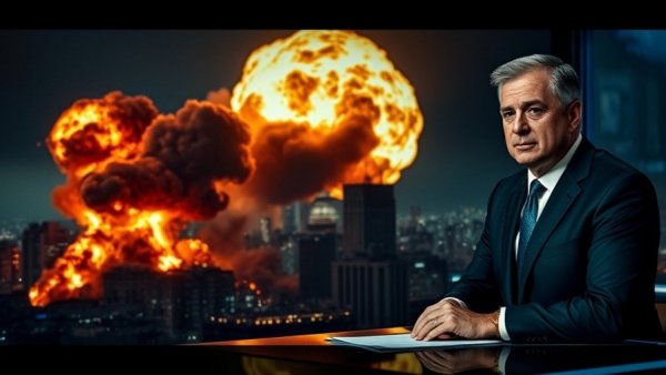 National news showcasing city explosion and anchor with split screen.