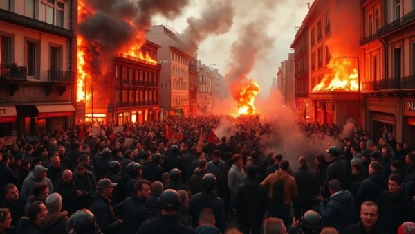 Iranian police chief protests, intense scene with fires and crowds.
