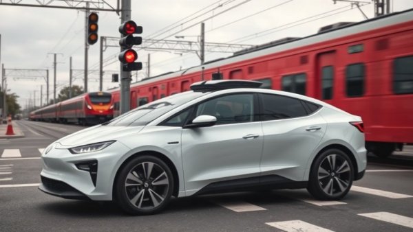 Autonomous vehicle in Austin waiting at train crossing, highlighting regulation.